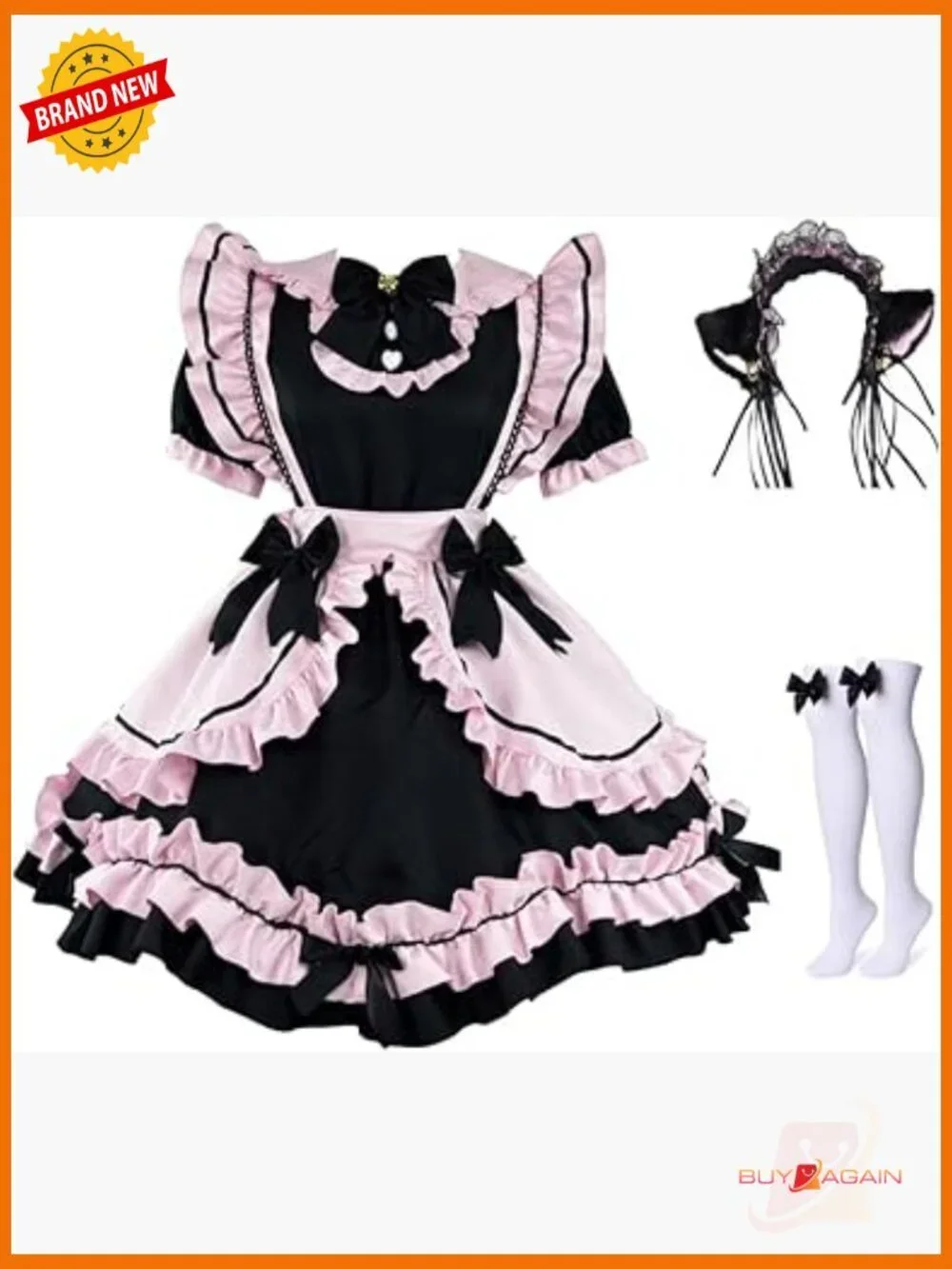 Lingerie French Maid Cosplay Dress Set with Cat Ears Headwear & Socks